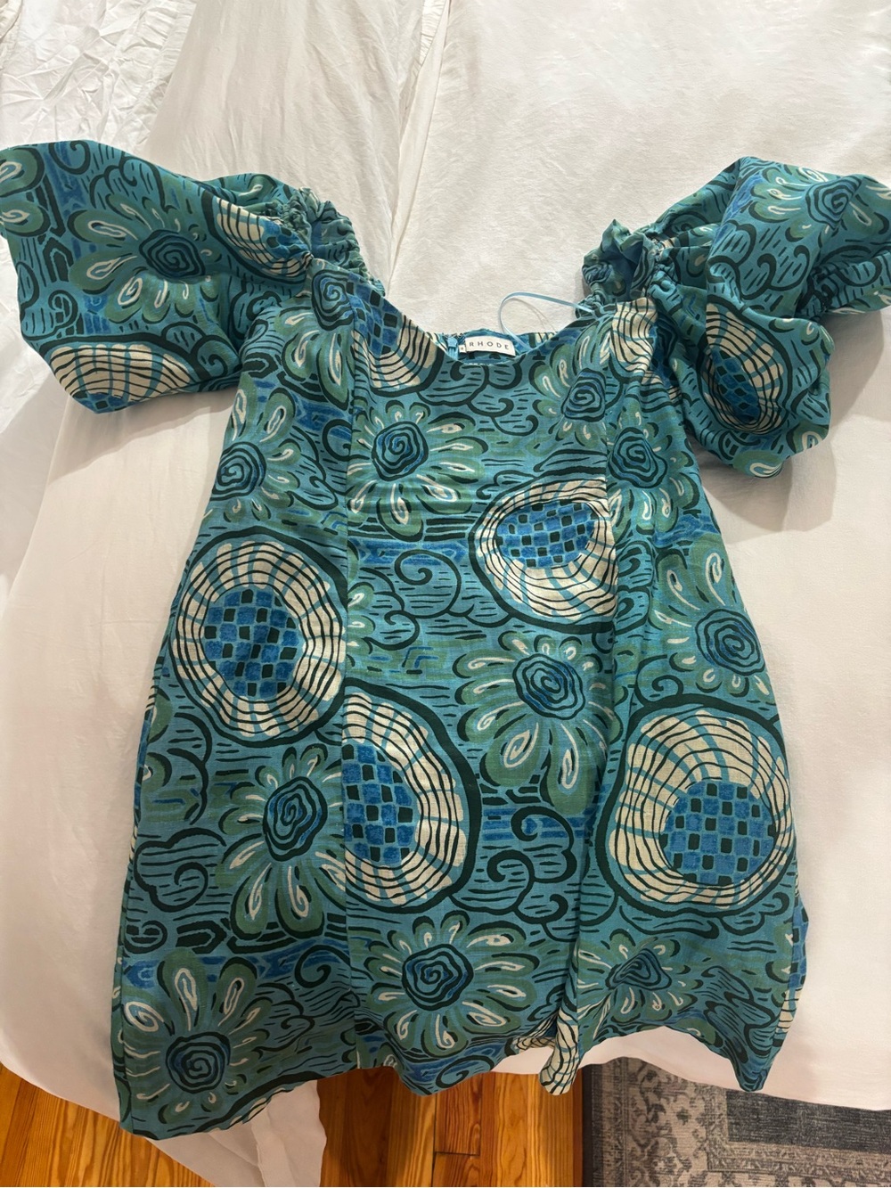 RHODE Teal Floral Puff-Sleeve Top